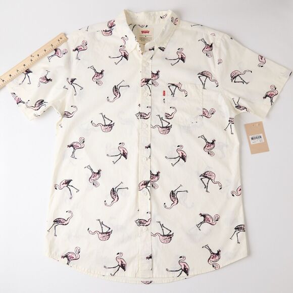 Levi’s Men’s Medium Ivory Flamingo Shirt Cotton Short Sleeve Button Down Summer - Picture 5 of 9